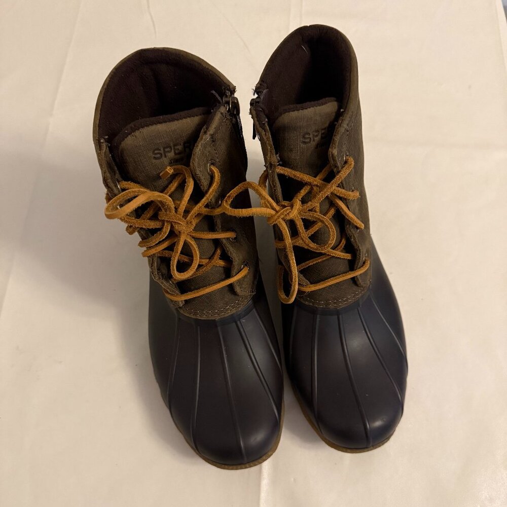 Women's Saltwater Duck Boot in Brown and Olive by Sperry